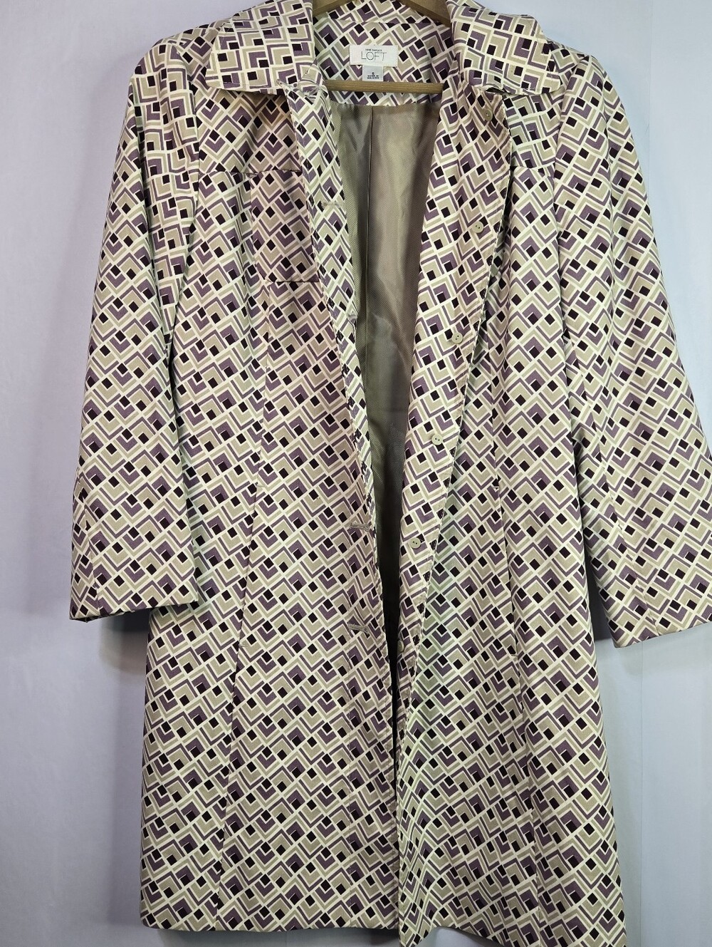 LOFT Size S Cream Fitted, Button-Up Trench Jacket/Blazer, Purple Geo Print